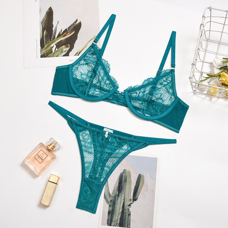 Conjunto lingerie feminino em renda verde com sutiã e calcinha delicados da marca YIMUNANCY