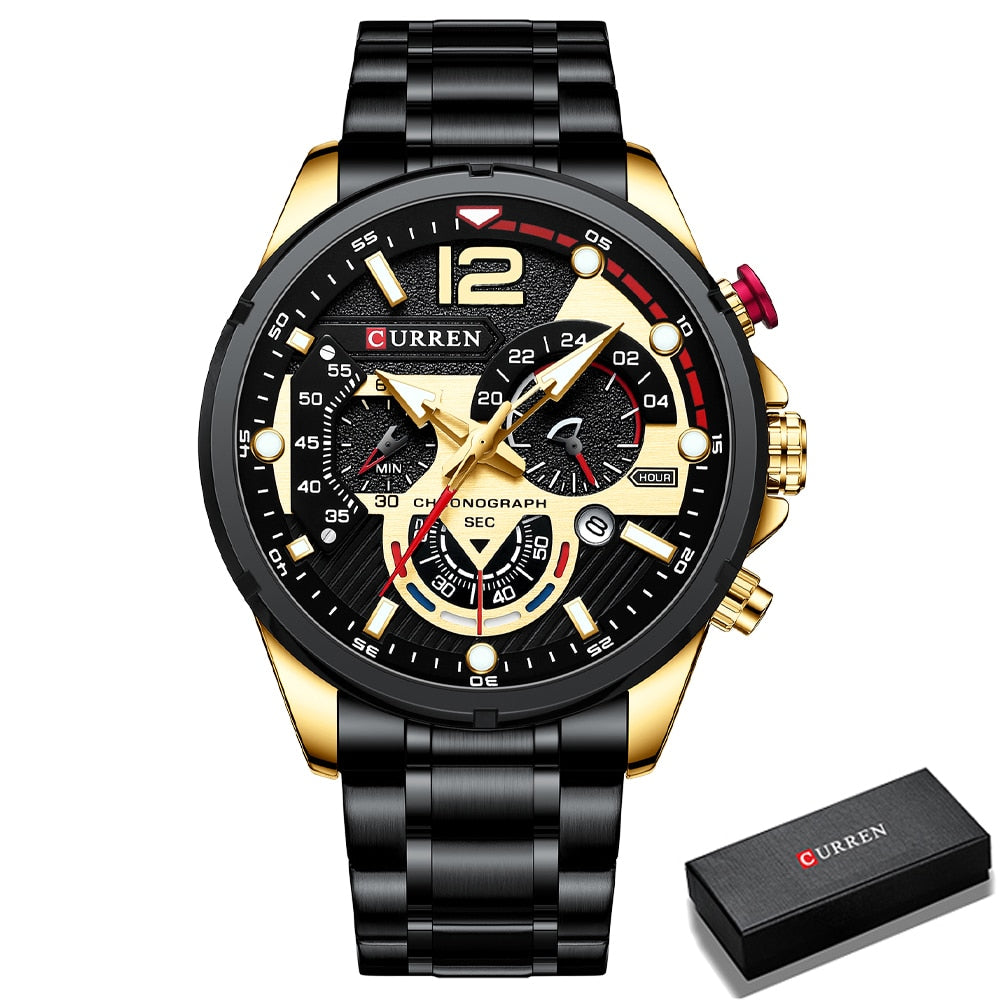 Relógio de pulso masculino CURREN em preto e dourado com cronógrafo e design elegante