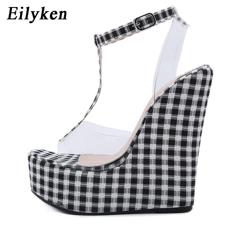 Sapatos transparentes moda feminina EILYKEN com salto plataforma em estampado xadrez preto e branco