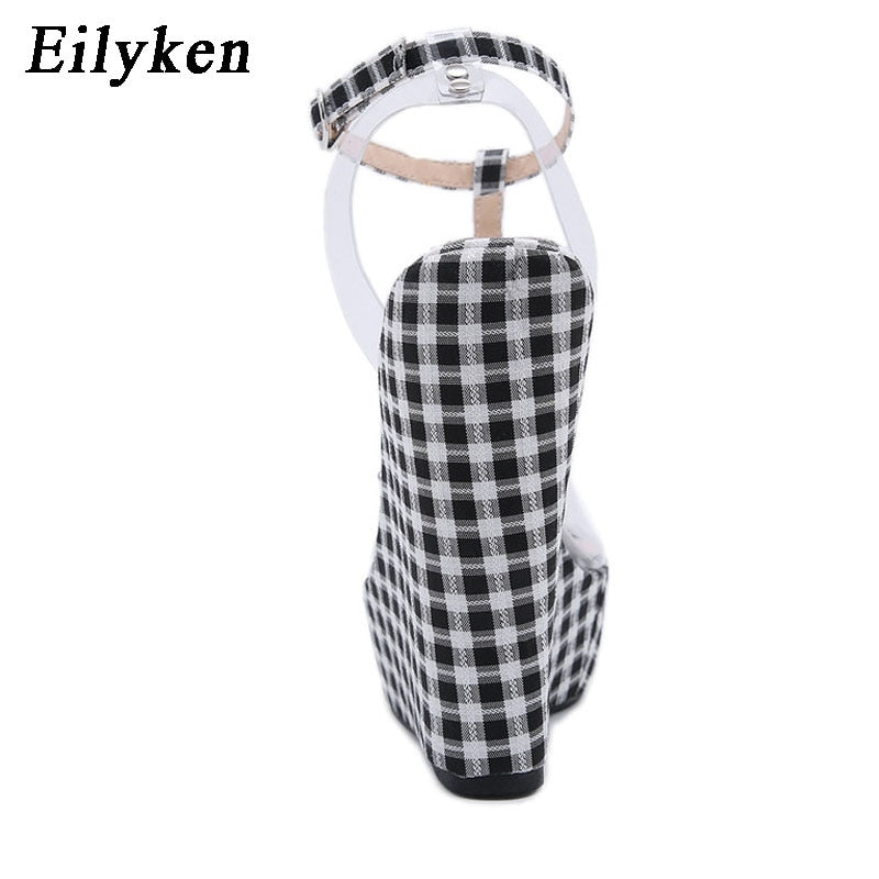 Sapatos transparentes moda feminina EILYKEN com salto em estampa xadrez preto e branco ideal para ocasiões especiais