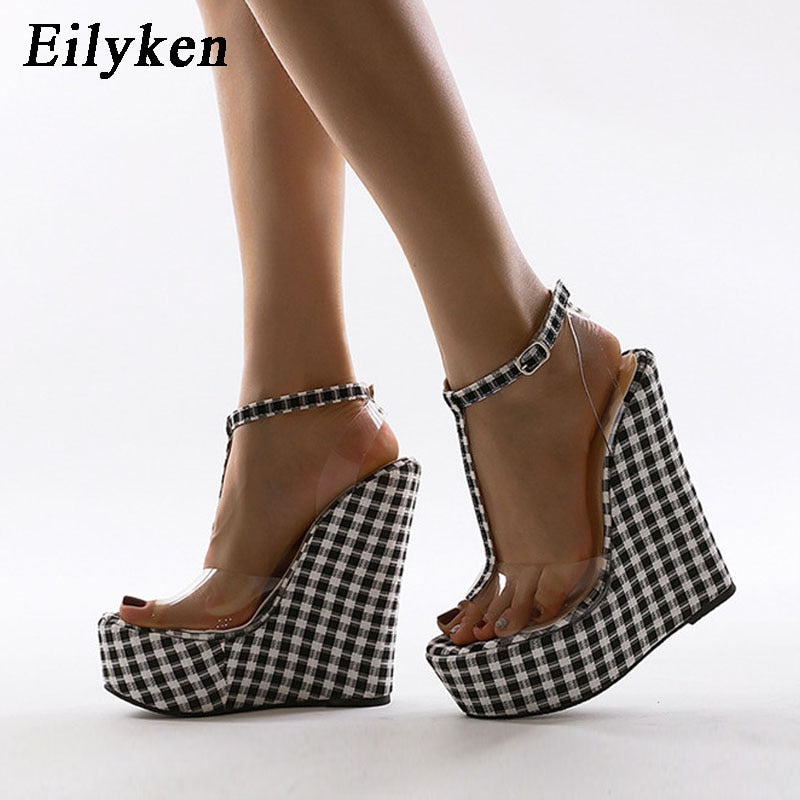 Sapatos transparentes moda feminina EILYKEN com salto alto em estampa xadrez e tira ajustável