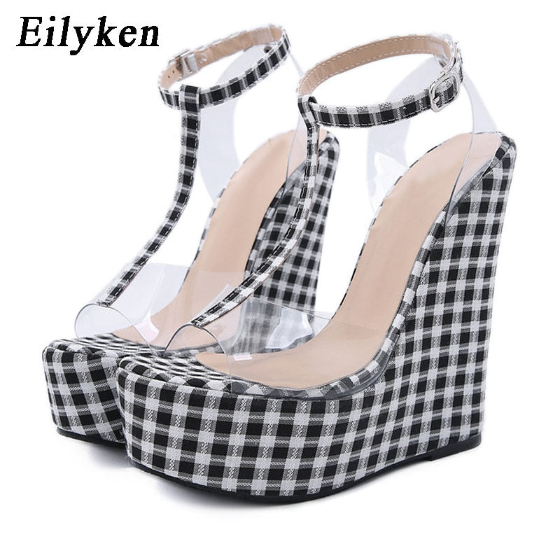 Sapatos transparentes moda feminina EILYKEN com salto alto em xadrez preto e branco