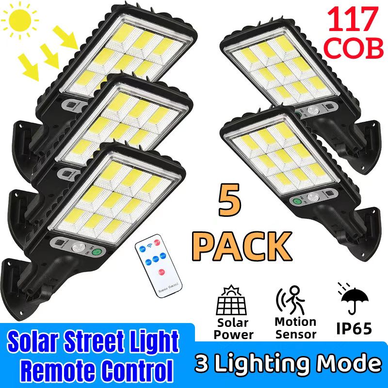 Lâmpada de LED solar PDQ com controle remoto, energia solar para ambientes externos, sensor de movimento, pacote com 5 unidades