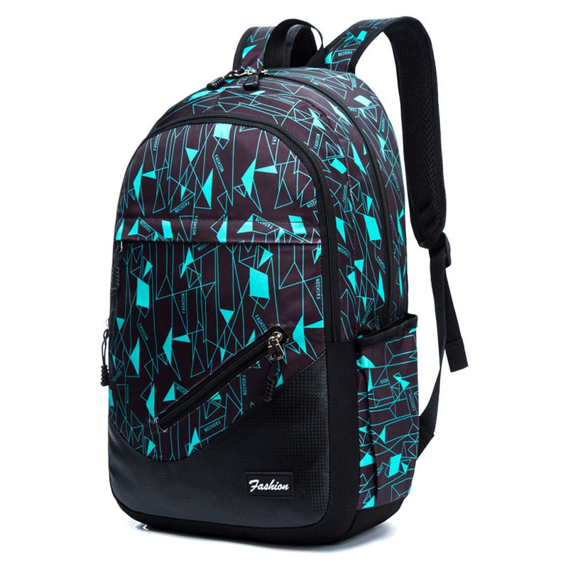 Mochila escolar grande capacidade com design geométrico em azul e preto, ideal para crianças