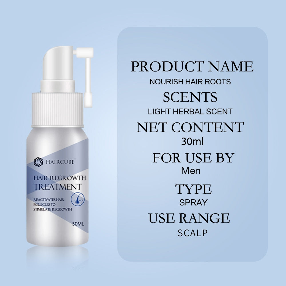 Tratamento de Crescimento Capilar HAIRCUBE em spray de 30mL com aroma herbal leve para uso masculino