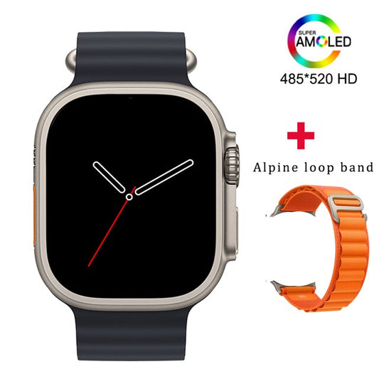 Relógio HK8 Pro Max com tela Super AMOLED de 485x520 HD e pulseira Alpine laranja