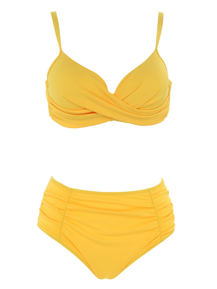 Biquíni feminino amarelo da HOMGAO com top drapeado e calcinha de cintura alta, ideal para moda praia plus size.