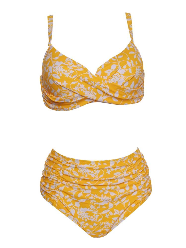 Biquíni feminino HOMGAO floral amarelo com detalhe em drapeado, ideal para moda praia plus size