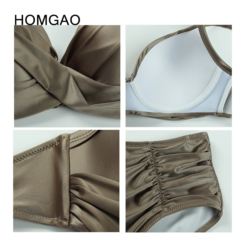 Biquíni feminino HOMGAO em tom nude, ideal para moda praia plus size, com detalhes confortáveis e modernos