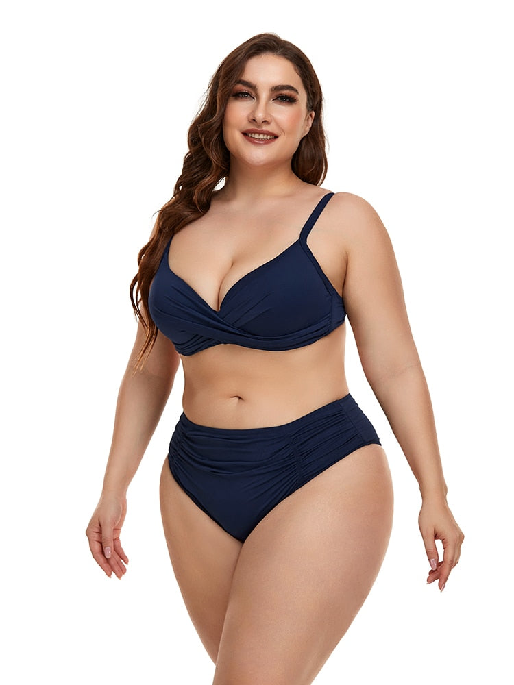Biquíni feminino HOMGAO em azul marinho, ideal para moda praia plus size com detalhe franzido