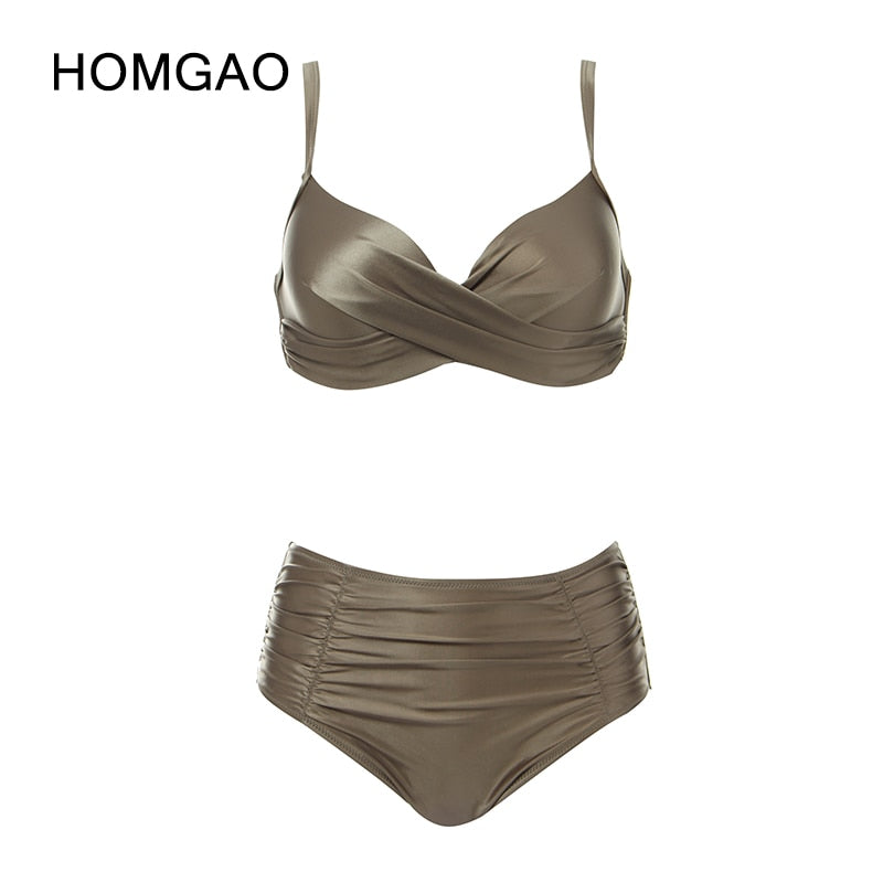 Biquíni feminino HOMGAO em tom oliva com design drapeado, ideal para moda praia plus size