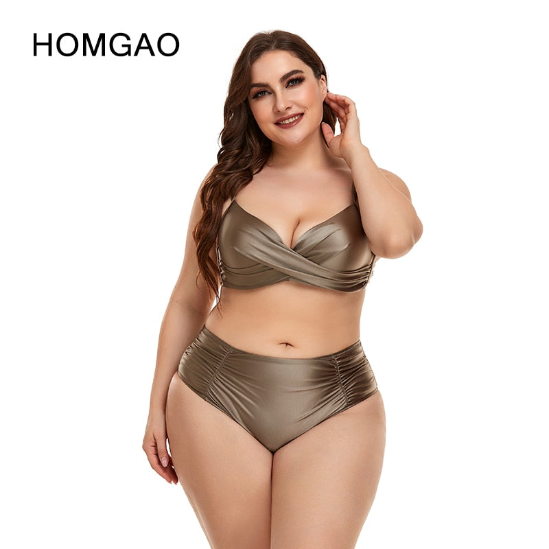 Biquíni feminino plus size da HOMGAO em tom metálico com detalhe de drapeado, ideal para moda praia plus size