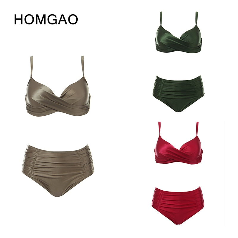 Biquíni feminino plus size HOMGAO em verde, vermelho e bege, ideal para moda praia plus size