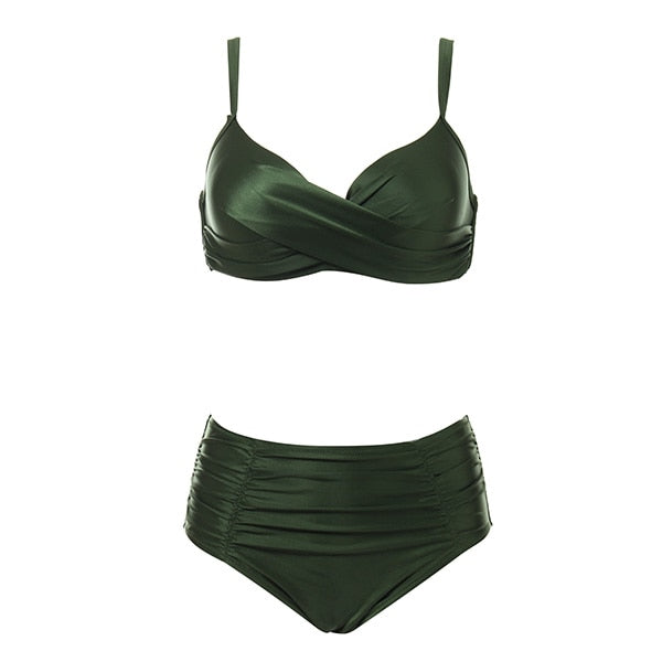 Biquíni feminino HOMGAO em verde musgo, ideal para moda praia plus size com detalhe drapeado