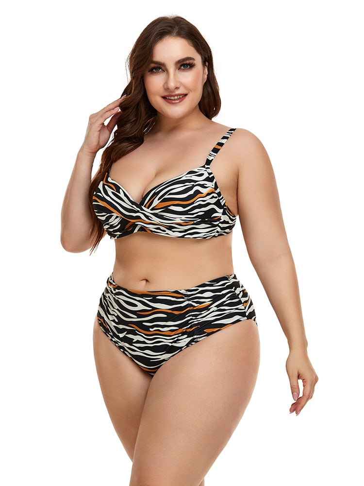 Biquíni feminino HOMGAO em estampa de zebra, ideal para moda praia plus size com suporte confortável.