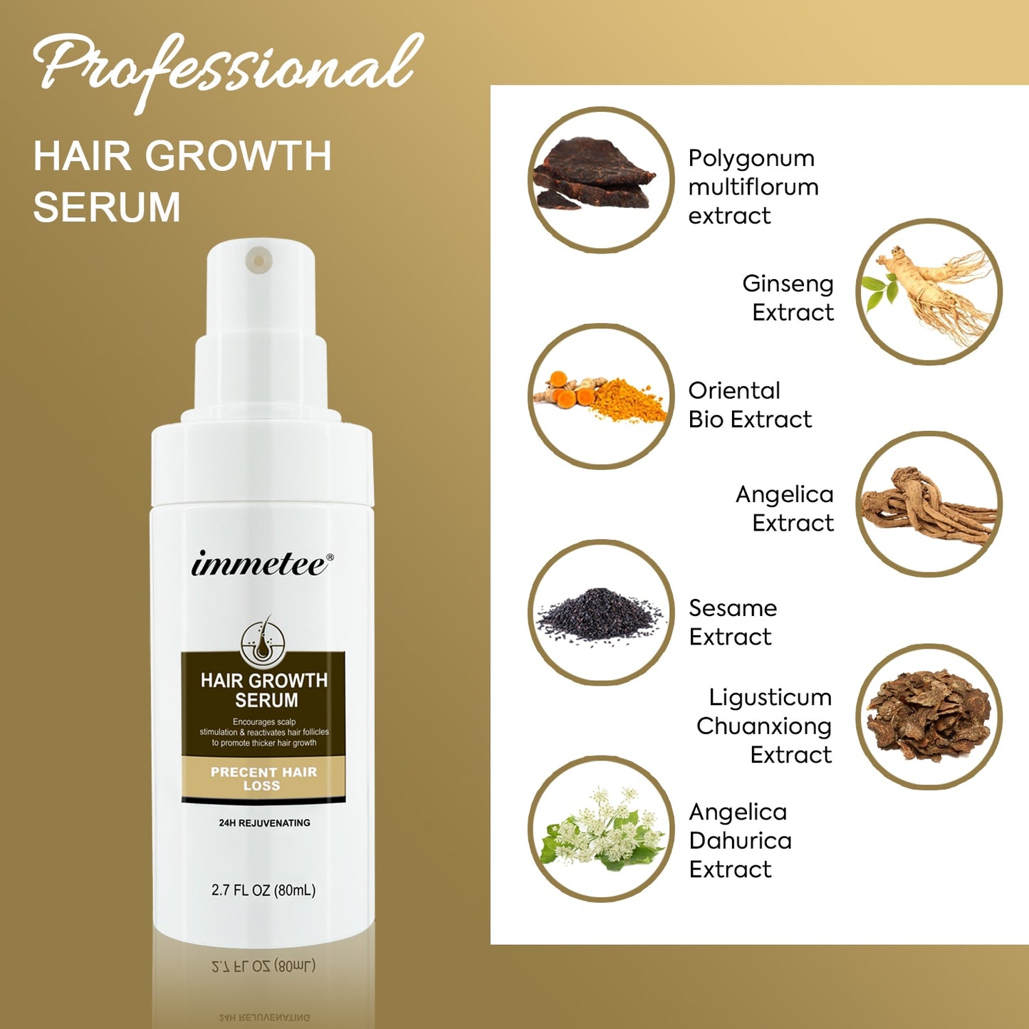 Sérum de Crescimento Capilar IMMETEE com ingredientes para tratamento anti-queda cabelo.