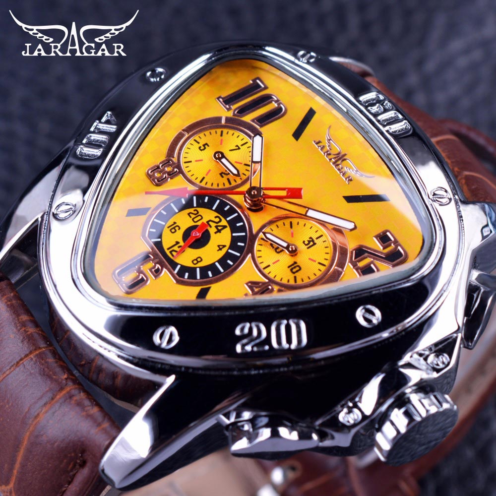 Relógio de pulso masculino T-WINNER com mostrador amarelo e pulseira de couro marrom
