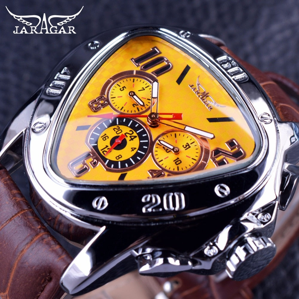 Relógio de pulso masculino T-WINNER com mostrador amarelo e pulseira de couro marrom estilizada