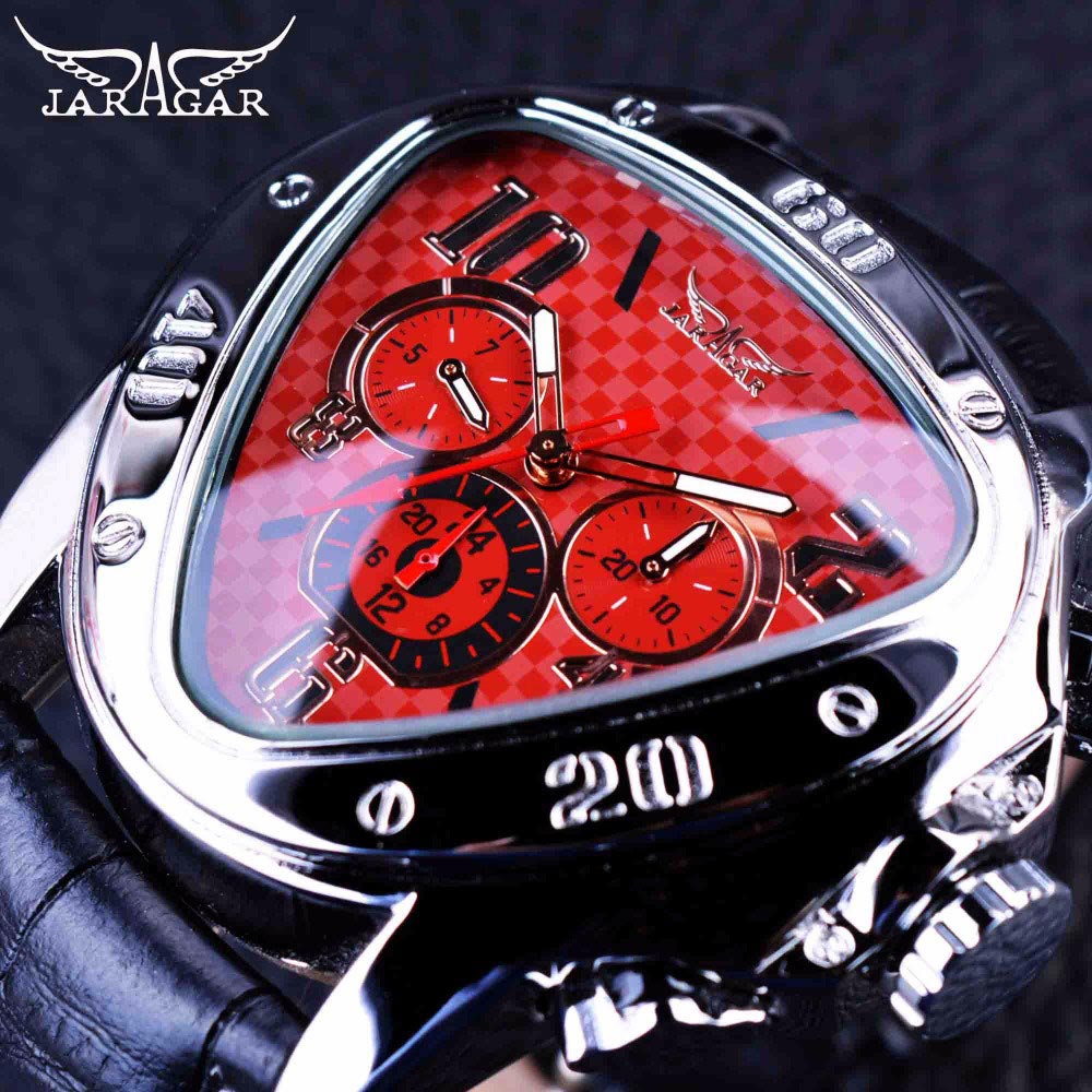 Relógio de pulso masculino T-WINNER com mostrador vermelho e pulseira de couro marrom