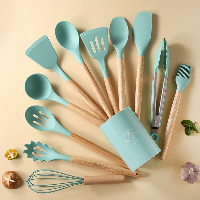 Conjunto de utensílios de cozinha com cabo de madeira no kit cozinha cabo madeira, em azul claro e prático