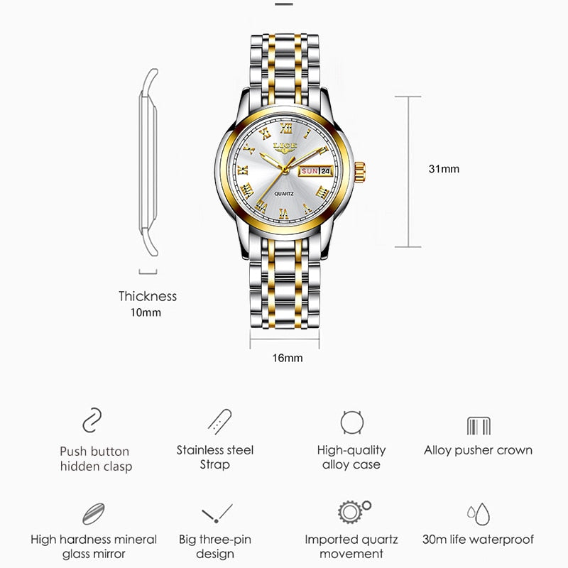 Relógio de pulso feminino LIGE com pulseira de aço inoxidável e mostrador prateado elegante