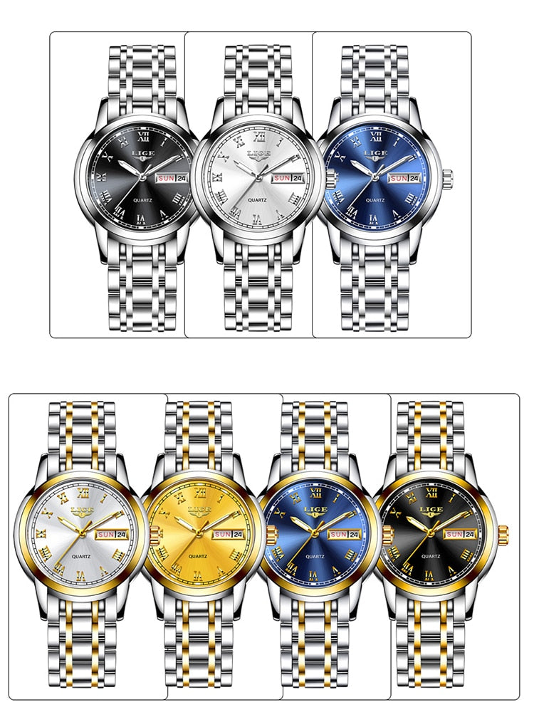Relógio de pulso feminino LIGE com pulseira de aço inoxidável e mostradores em diferentes cores