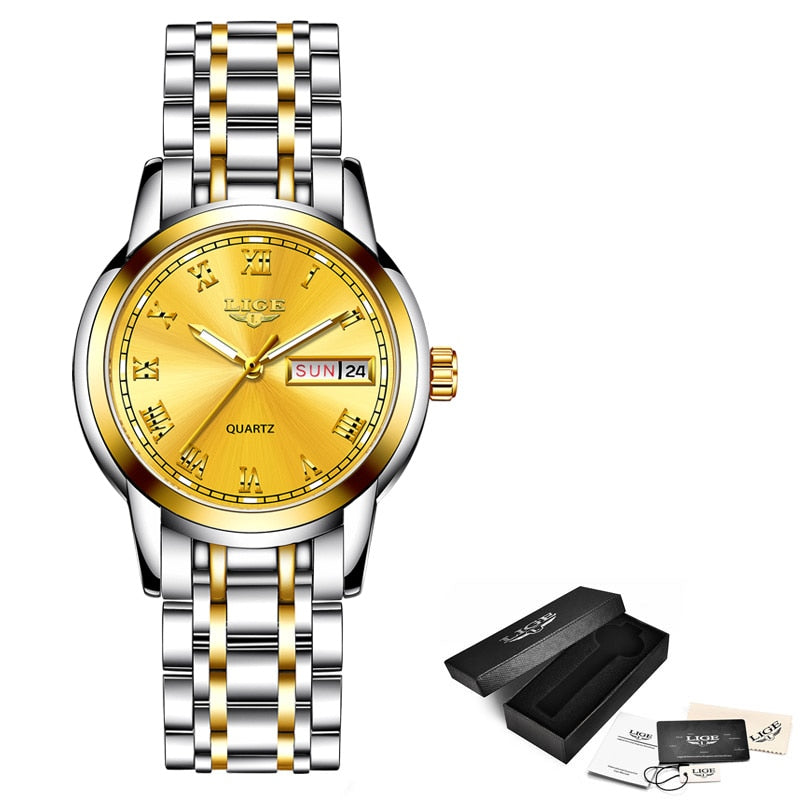 Relógio de pulso feminino LIGE com mostrador amarelo e pulseira de aço inoxidável em prata e dourado