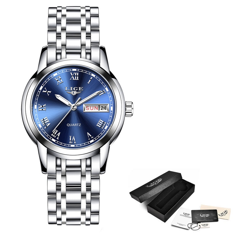 Relógio de pulso feminino LIGE com mostrador azul e pulseira de aço inoxidável elegante