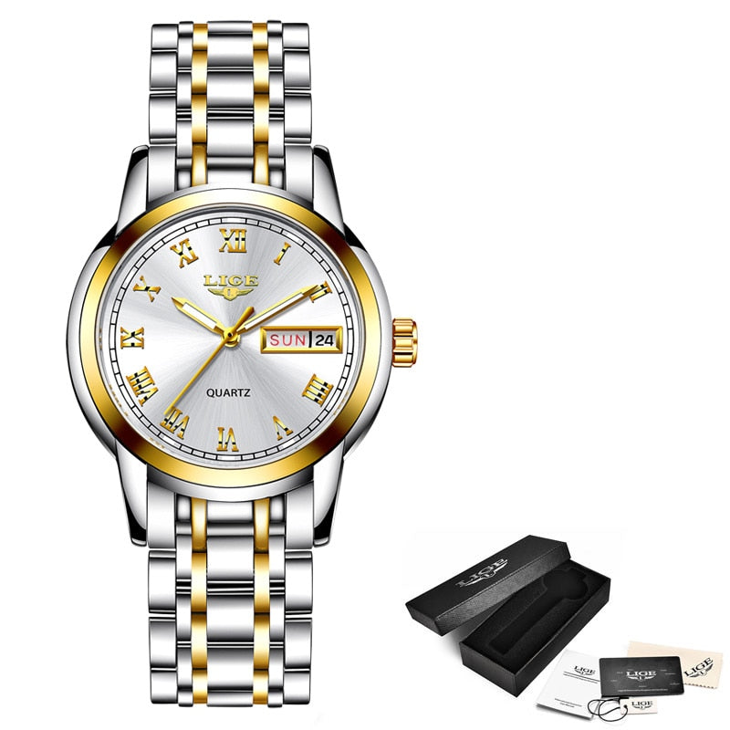 Relógio de pulso feminino LIGE com design elegante e pulseira de aço inoxidável em prata e dourado