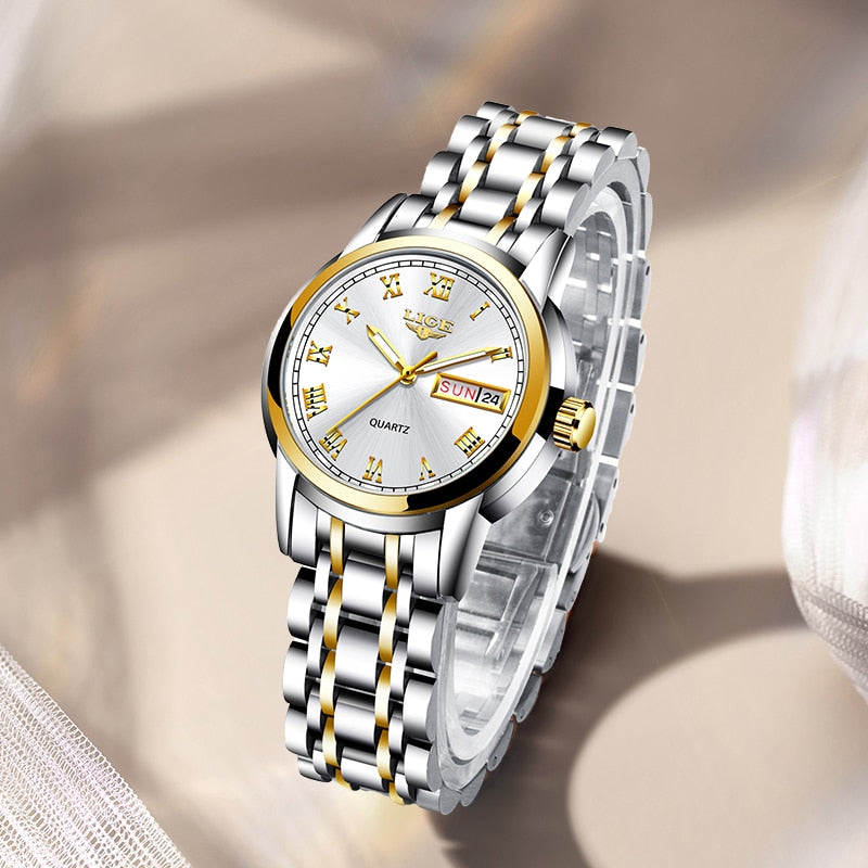 Relógio de pulso feminino LIGE com mostrador prata e pulseira de aço inoxidável em estilo elegante