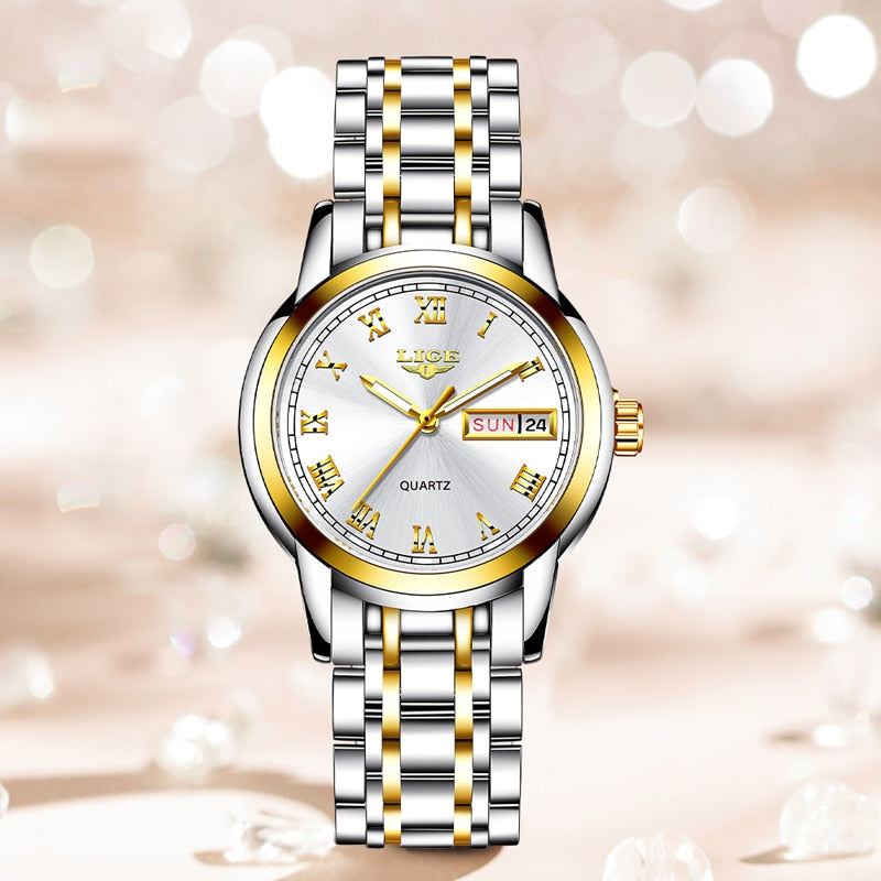 Relógio de pulso feminino LIGE com pulseira de aço inoxidável e mostrador elegante em fundo prateado