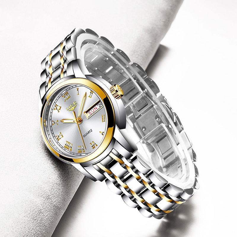 Relógio de pulso feminino LIGE com pulseira de aço inoxidável e mostrador dourado elegante