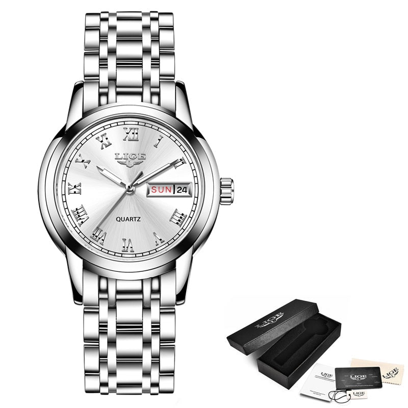 Relógio de pulso feminino LIGE com pulseira de aço inoxidável e mostrador prateado