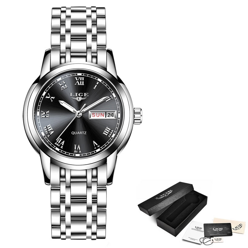 Relógio de pulso feminino LIGE com pulseira de aço inoxidável e mostrador preto elegante