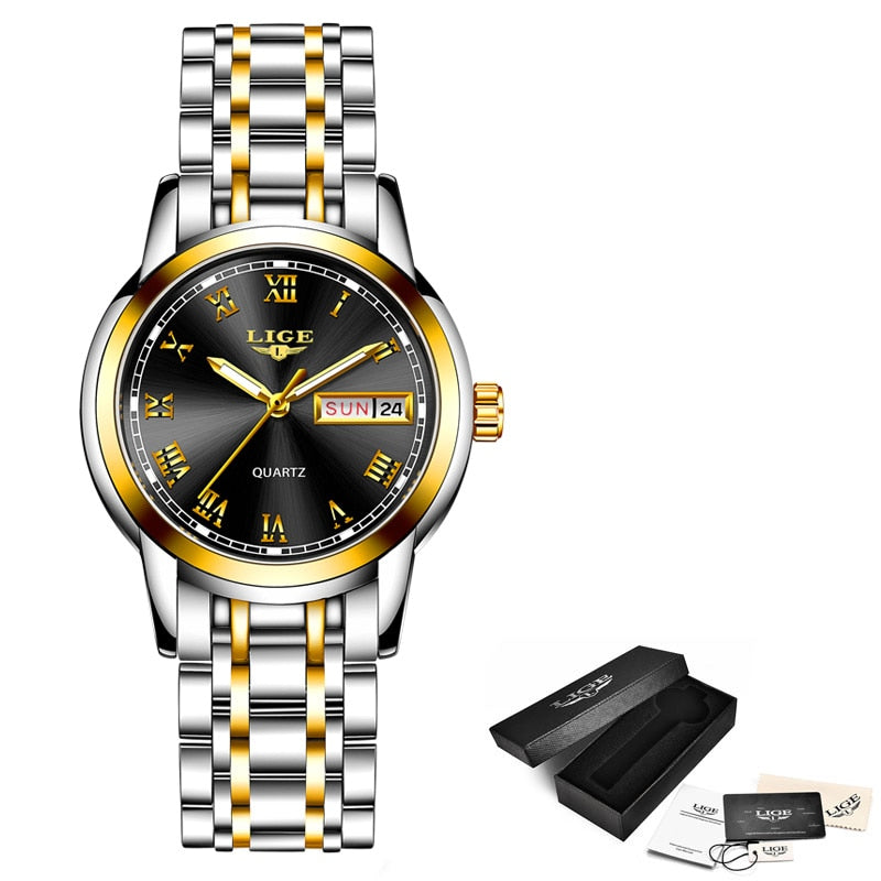 Relógio de pulso feminino LIGE com caixa dourada e pulseira de aço inoxidável para elegância diária