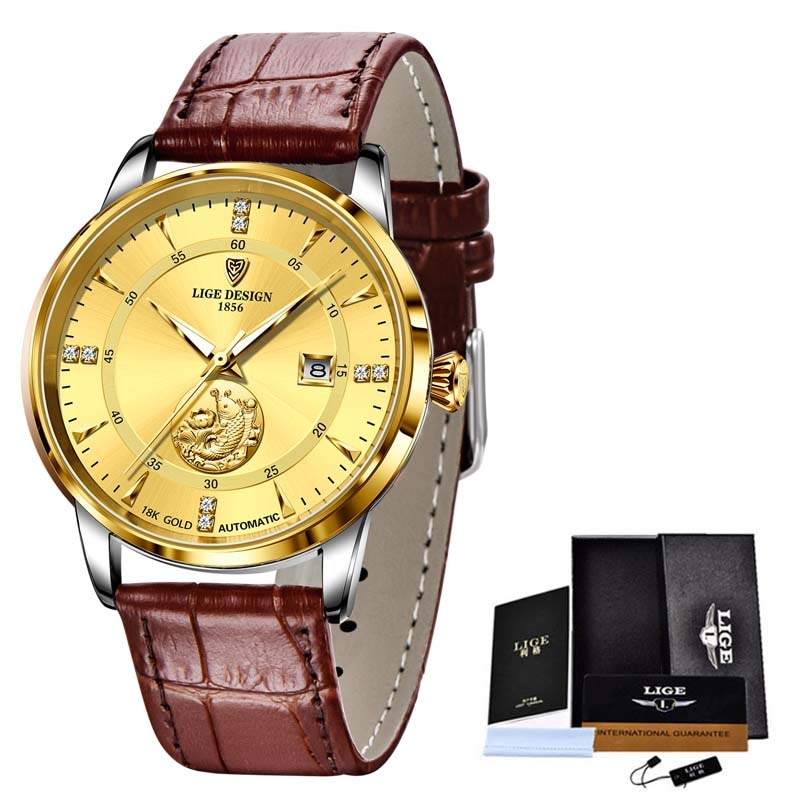 Relógio feminino luxo LIGE com bracelete de couro marrom e mostrador dourado elegante