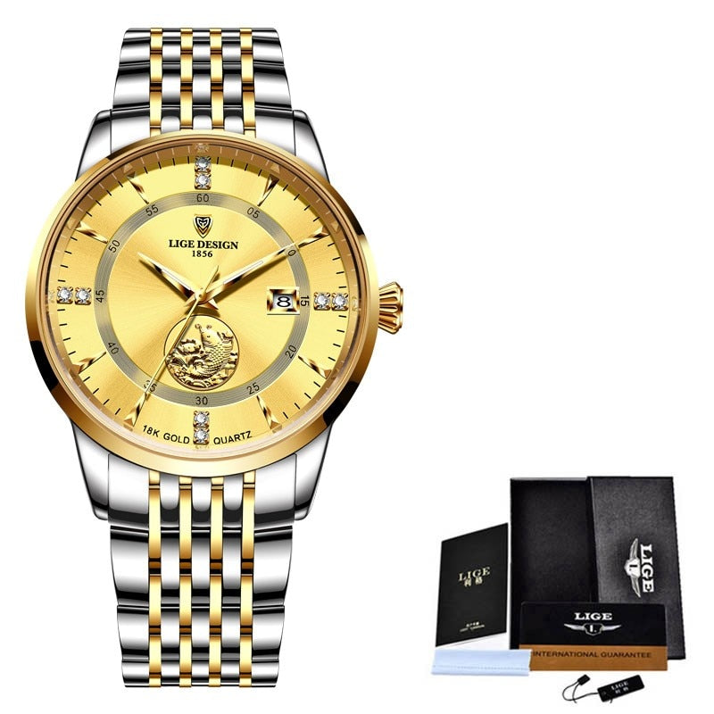 Relógio feminino luxo LIGE com design elegante em dourado e prateado, ideal para diversas ocasiões.