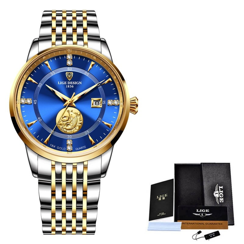 Relógio feminino luxo LIGE com mostrador azul e detalhes em ouro, perfeito para ocasiões especiais