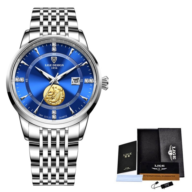 Relógio feminino luxo LIGE com mostrador azul e detalhes em dourado, ideal para ocasiões especiais
