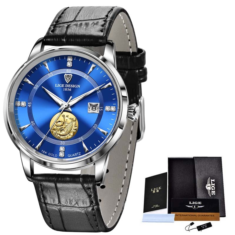 Relógio feminino luxo LIGE com mostrador azul e pulseira em couro para ocasiões especiais