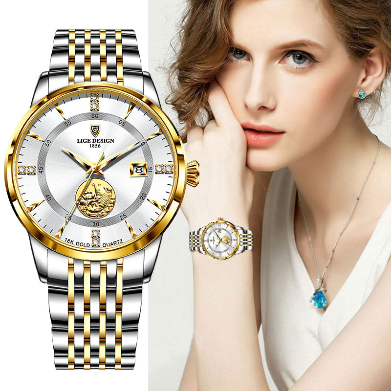 Relógio feminino luxo LIGE com bracelete prateado e detalhes dourados, ideal para ocasiões elegantes.