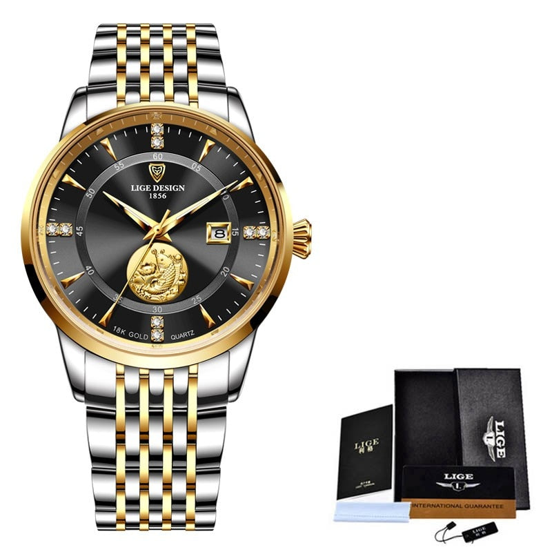Relógio feminino luxo LIGE com mostrador preto, detalhes em ouro e pulseira de metal elegante