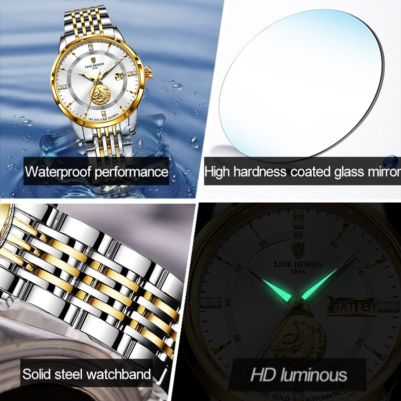 Relógio feminino luxo LIGE com pulseira de aço, espelho resistente e desempenho à prova d'água