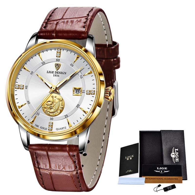 Relógio feminino luxo LIGE com pulseira de couro marrom e mostrador prateado elegante
