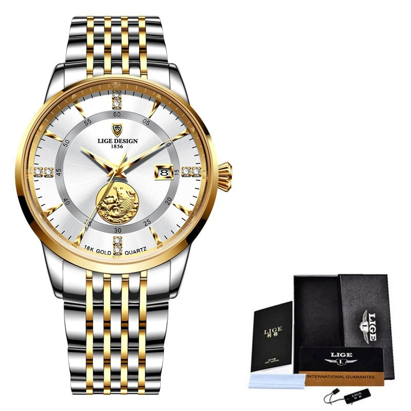 Relógio feminino luxo LIGE com design elegante em ouro e prata, ideal para ocasiões especiais