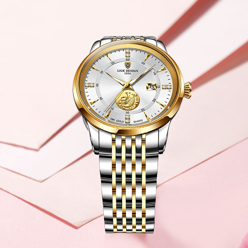 Relógio feminino luxo LIGE com design elegante em aço inoxidável e detalhes em dourado