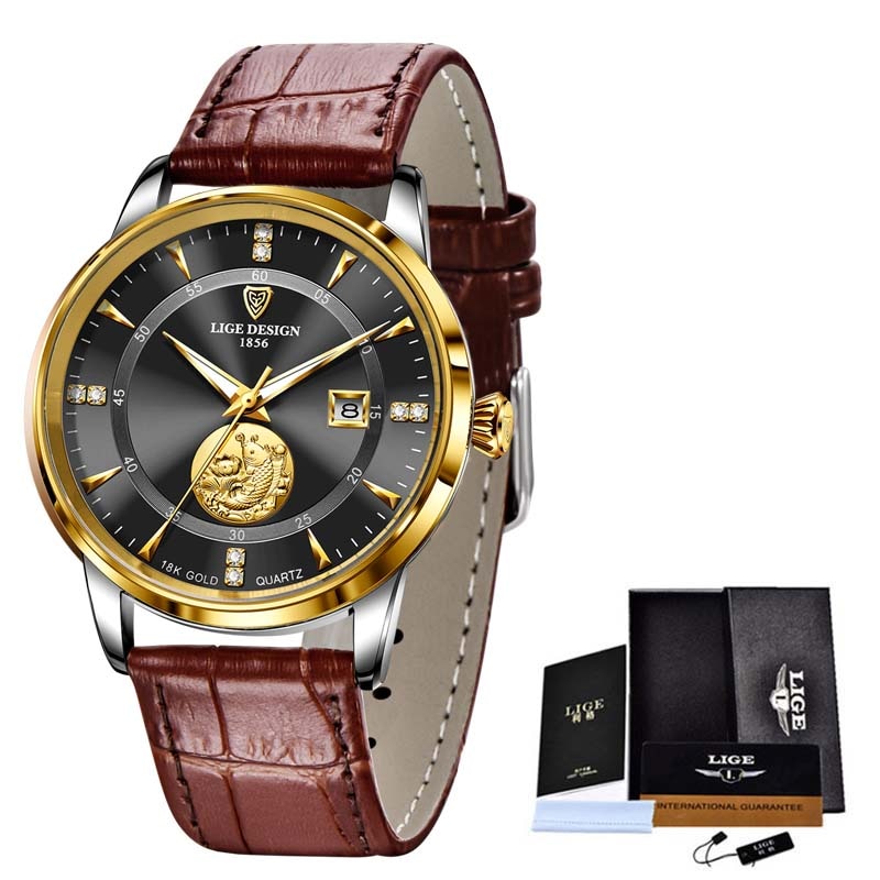 Relógio feminino luxo LIGE com mostrador preto, detalhes dourados e pulseira de couro marrom