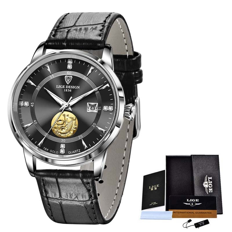 Relógio feminino luxo LIGE com mostrador preto e detalhes em dourado para ocasiões especiais