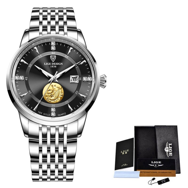 Relógio feminino luxo LIGE com mostrador preto, detalhes em ouro e bracelete de aço inoxidável
