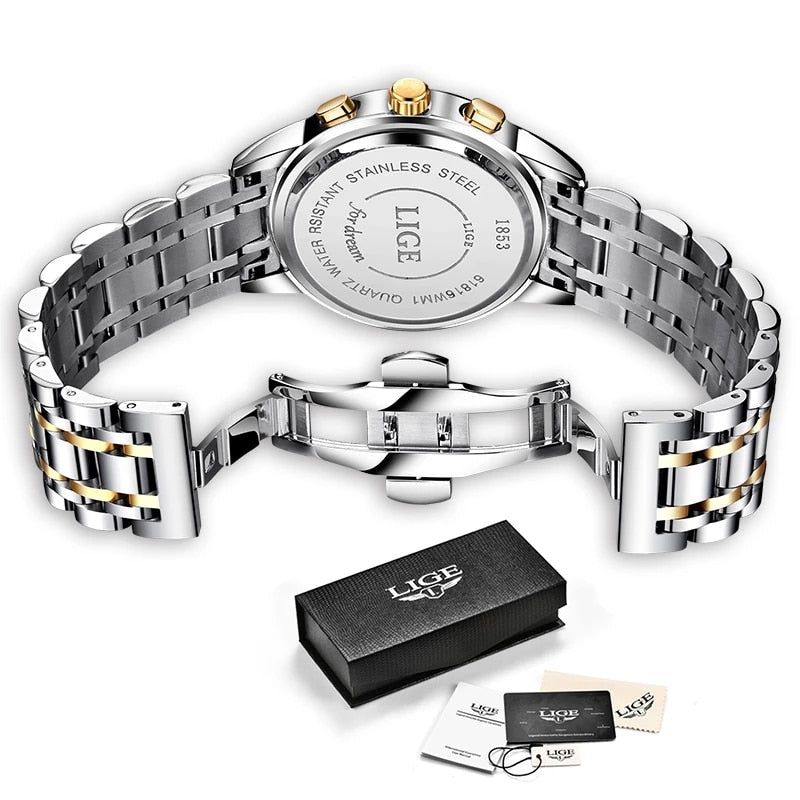 Relógio de aço inoxidável feminino LIGE com design elegante e detalhe em dourado